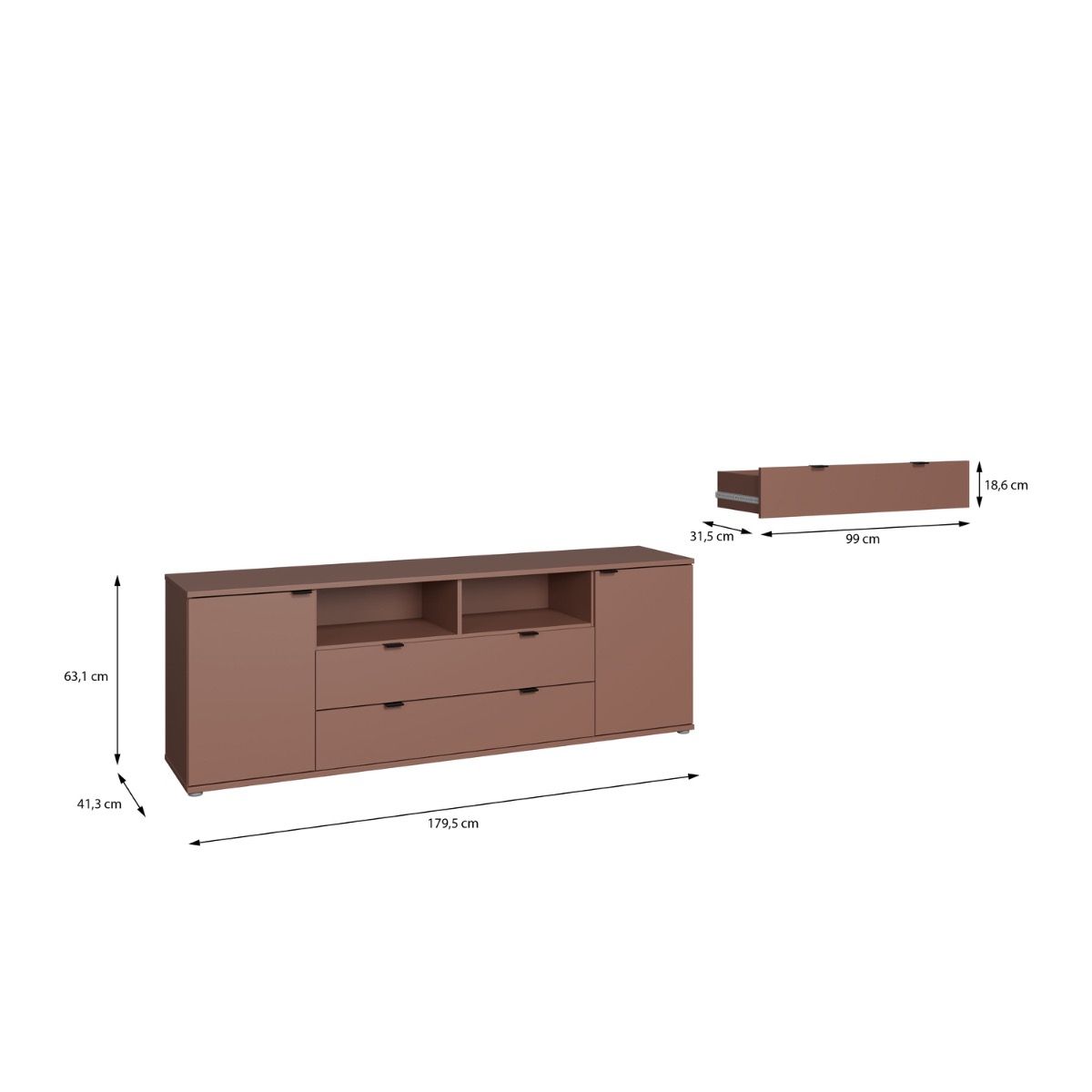 Ganymede Wide TV Unit With Open Shelving, 2 Drawers & 2 Doors In Terracotta - Price Crash Furniture