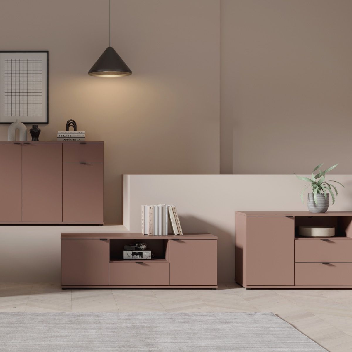 Ganymede Wide TV Unit With Open Shelving, 2 Drawers & 2 Doors In Terracotta - Price Crash Furniture