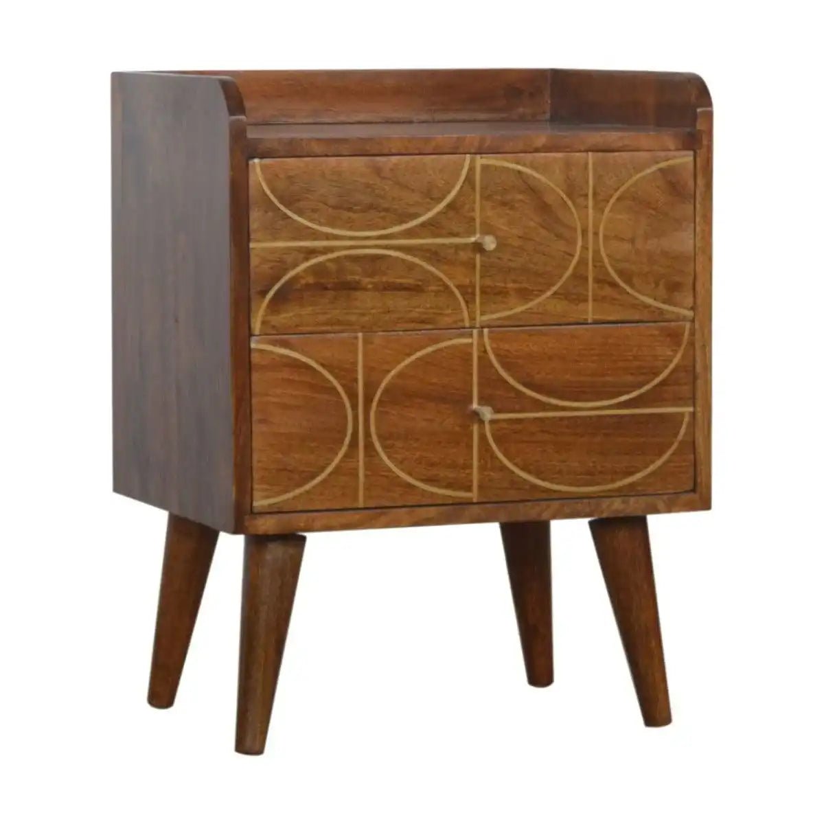 Gold Inlay Abstract Bedside Table in Chestnut - effect Solid Mango Wood - Price Crash Furniture
