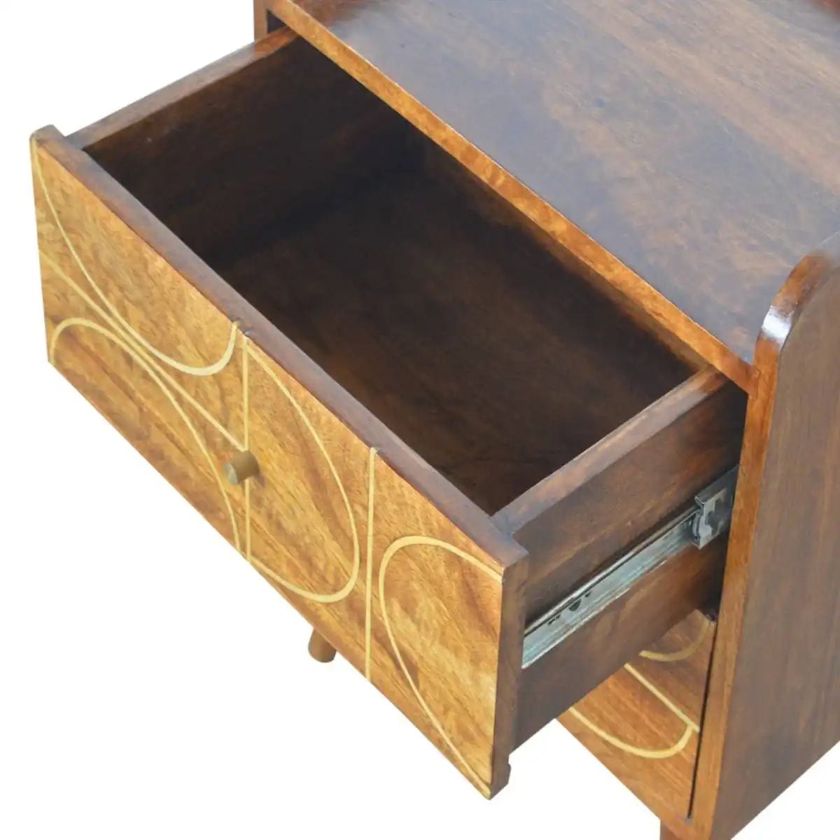 Gold Inlay Abstract Bedside Table in Chestnut - effect Solid Mango Wood - Price Crash Furniture