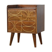 Gold Inlay Abstract Bedside Table in Chestnut - effect Solid Mango Wood - Price Crash Furniture