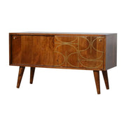 Gold Inlay Abstract Low Sideboard in Chestnut - effect Solid Mango Wood - Price Crash Furniture