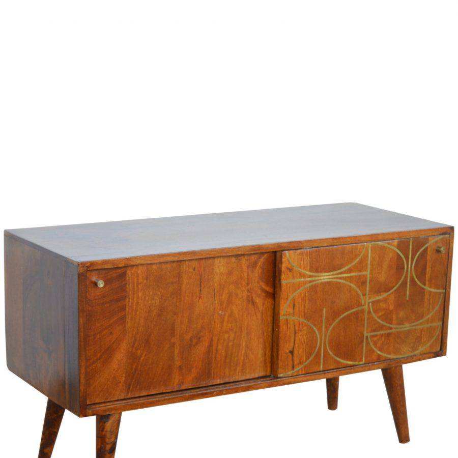 Gold Inlay Abstract Low Sideboard in Chestnut - effect Solid Mango Wood - Price Crash Furniture
