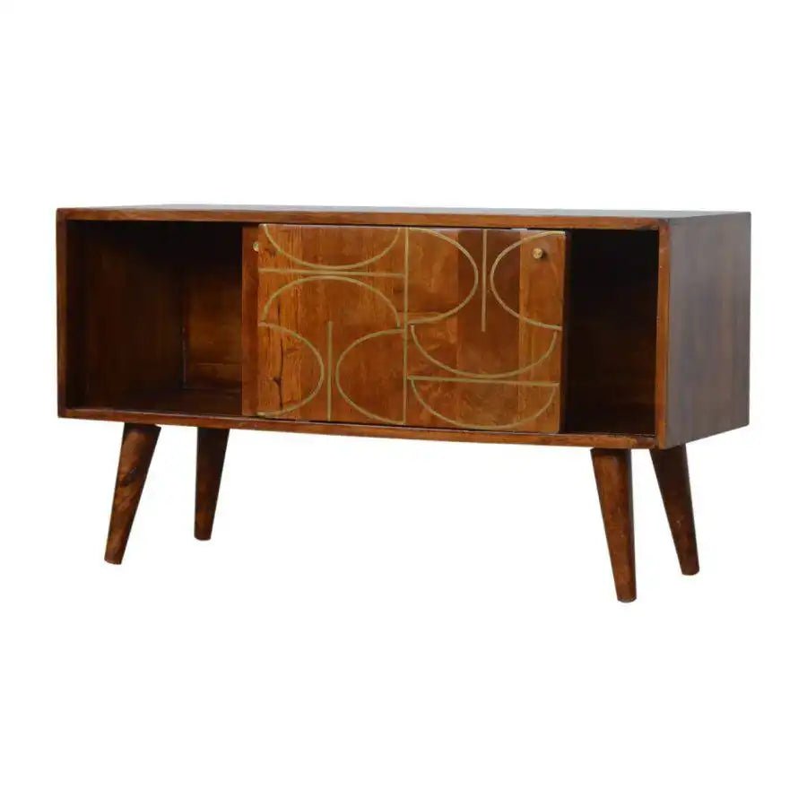 Gold Inlay Abstract Low Sideboard in Chestnut - effect Solid Mango Wood - Price Crash Furniture