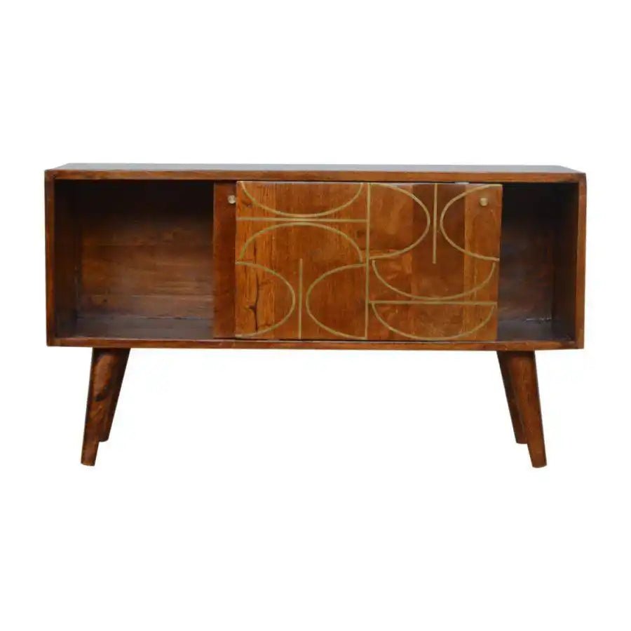 Gold Inlay Abstract Low Sideboard in Chestnut - effect Solid Mango Wood - Price Crash Furniture