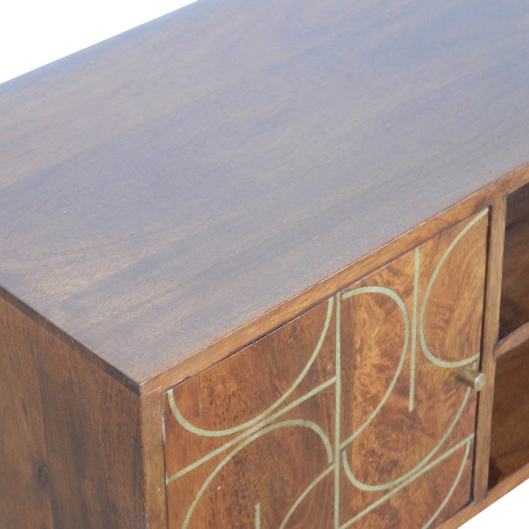 Gold Inlay Abstract TV Stand in Chestnut - effect Solid Mango Wood - Price Crash Furniture
