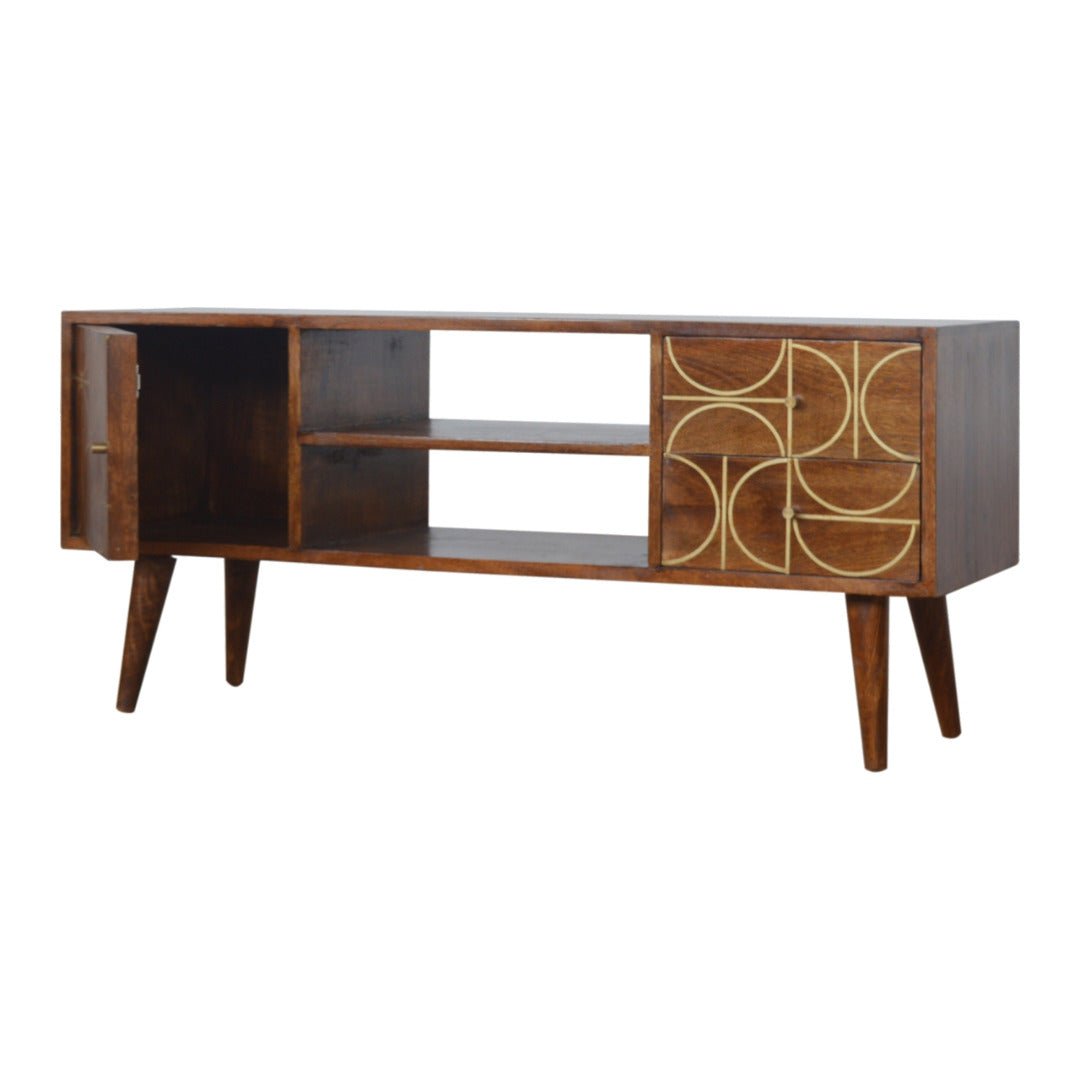 Gold Inlay Abstract TV Stand in Chestnut - effect Solid Mango Wood - Price Crash Furniture