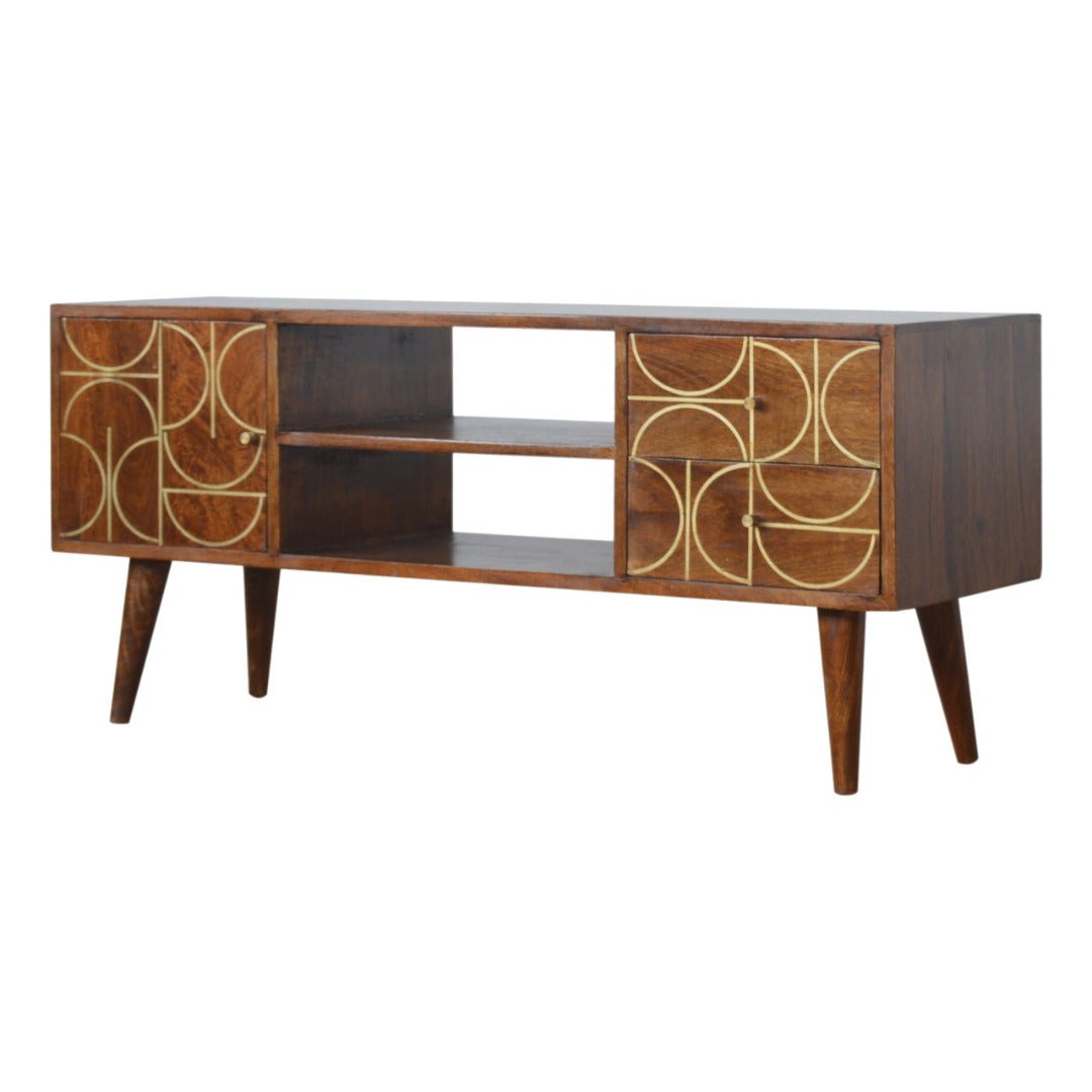 Gold Inlay Abstract TV Stand in Chestnut - effect Solid Mango Wood - Price Crash Furniture