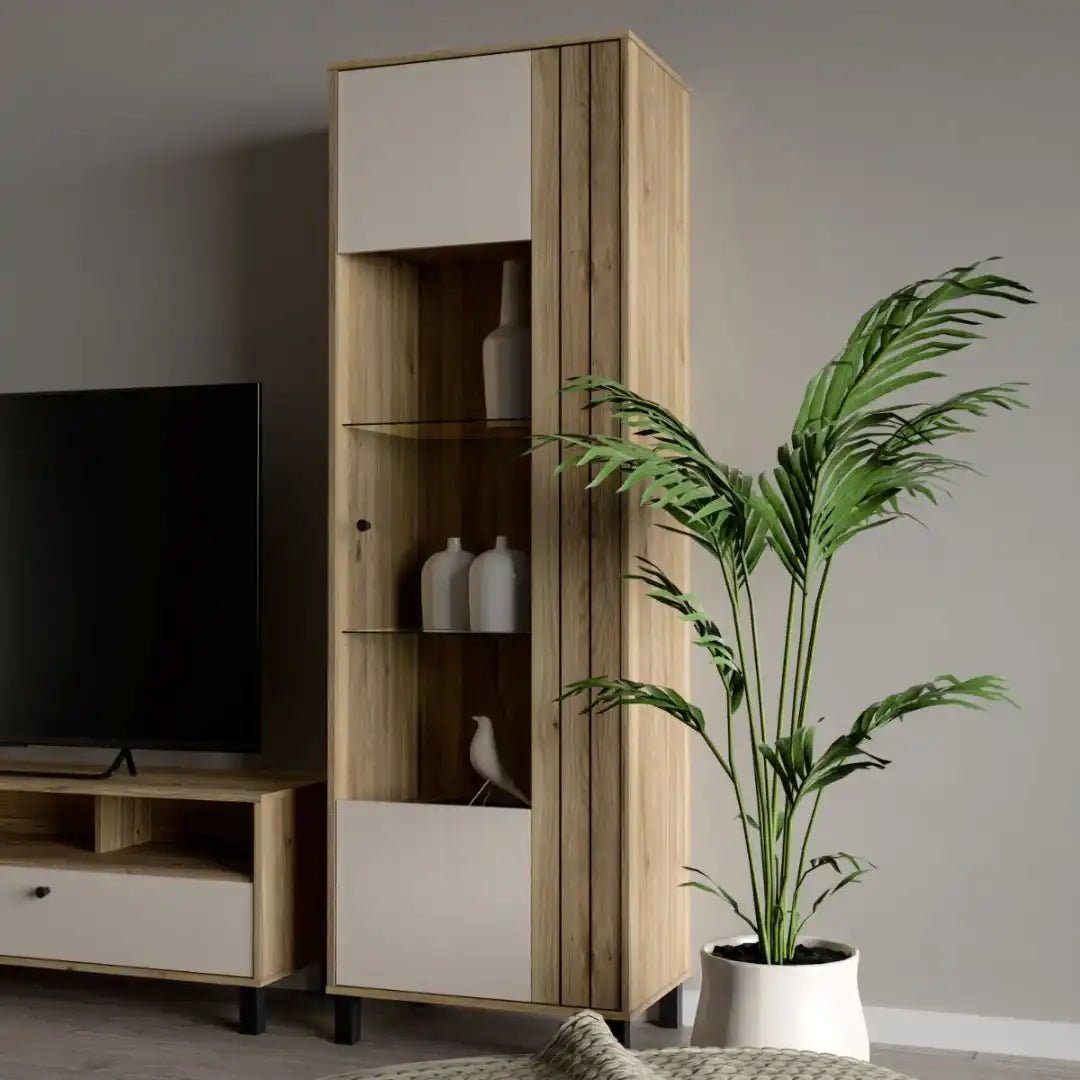 Grafton Glass Door Display Cabinet in Cream and Oak - Price Crash Furniture