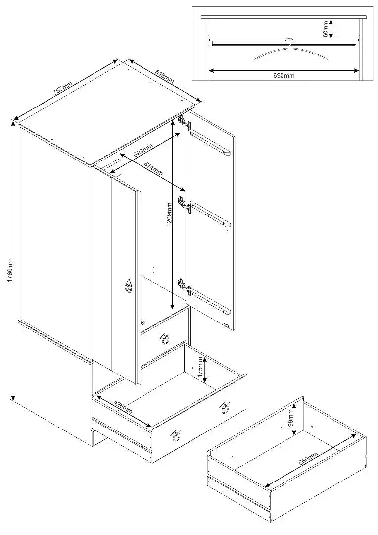 Grey Compact Corona 2 Door, 2 Drawer Wardrobe - Price Crash Furniture