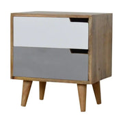 Grey Painted 2 Drawer Bedside Table with With Cut Out Slots in Oak - effect Solid Mango Wood - Price Crash Furniture