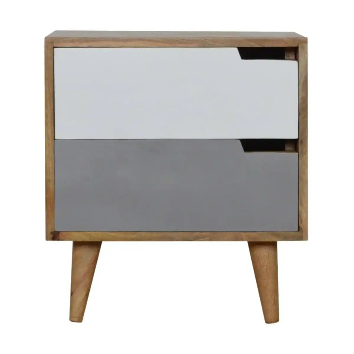 Grey Painted 2 Drawer Bedside Table with With Cut Out Slots in Oak - effect Solid Mango Wood - Price Crash Furniture