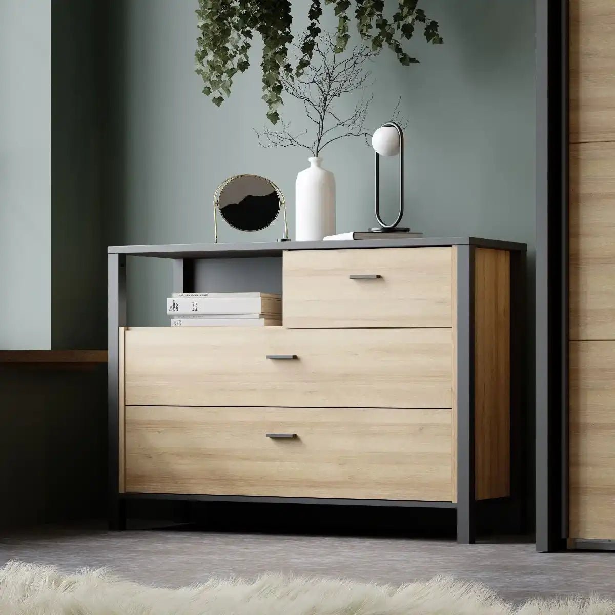 High Rock Chest of 3 Drawers in Matt Black/Riviera Oak - Price Crash Furniture