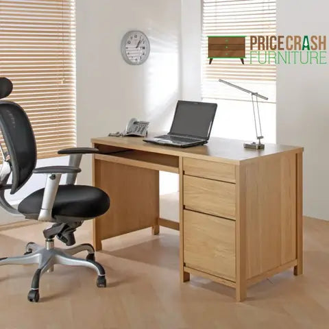 Light oak desk with drawers and office chair