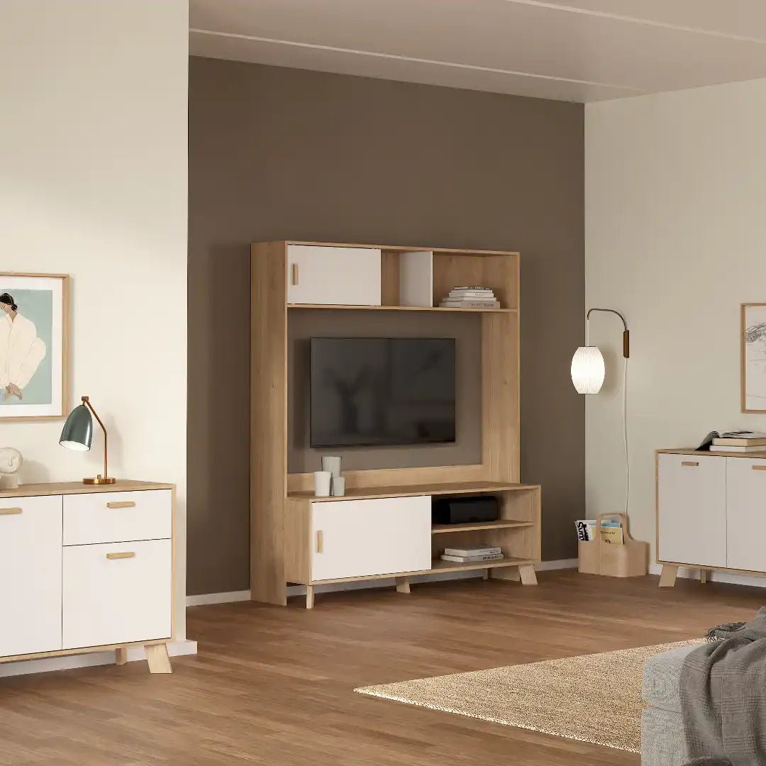 Ikast TV - Wall Unit with 2 Sliding Doors in Jackson Hickory and White - Price Crash Furniture