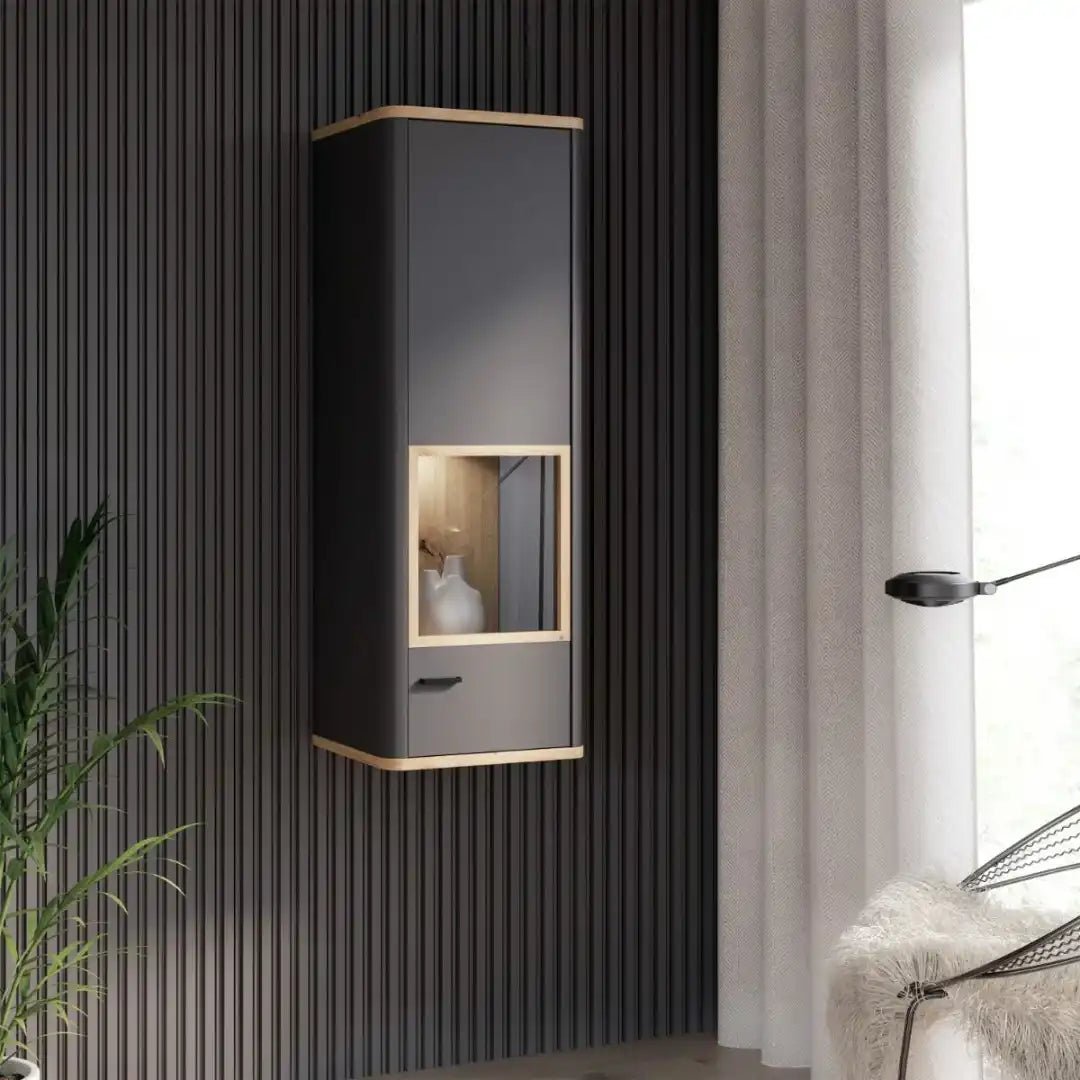 Klara Display Cabinet with 1 Glass Door in Grey and Oak inc LED Lighting - Price Crash Furniture