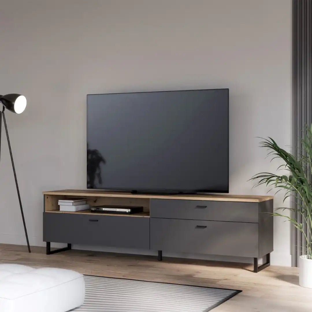Klara TV Unit with 1 Drawer 2 Flip Doors in Grey and Oak - Price Crash Furniture