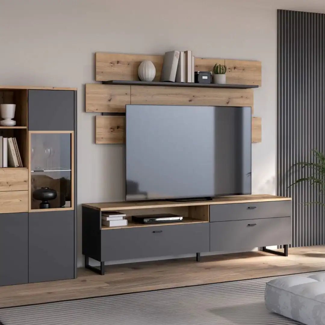 Klara TV Unit with 1 Drawer 2 Flip Doors in Grey and Oak - Price Crash Furniture