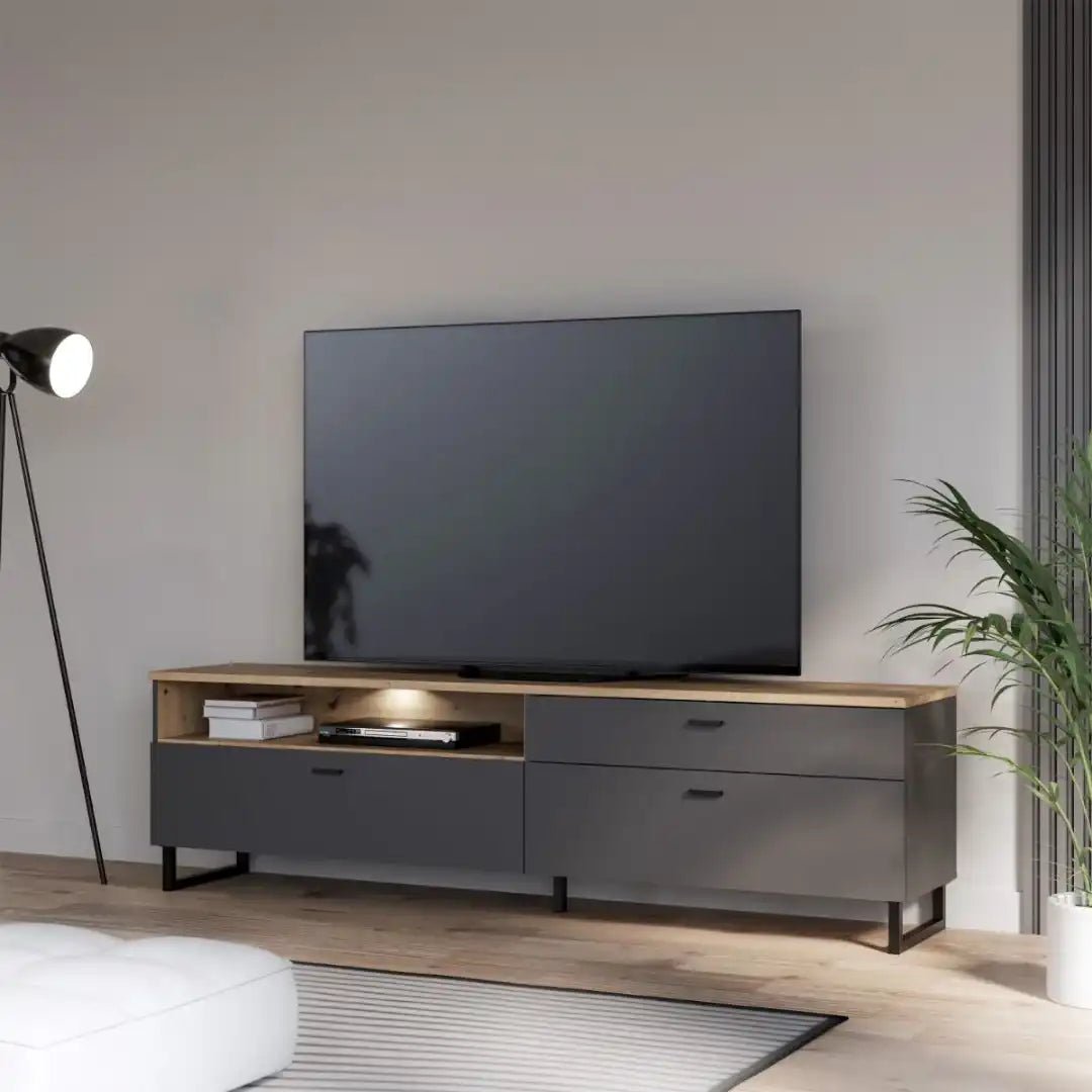 Klara TV Unit with 1 Drawer 2 Flip Doors in Grey and Oak inc LED Lighting - Price Crash Furniture
