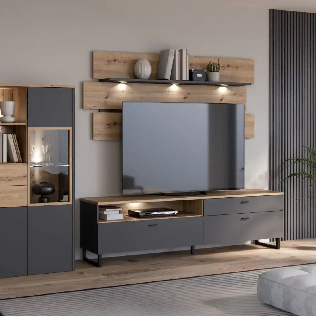 Klara TV Unit with 1 Drawer 2 Flip Doors in Grey and Oak inc LED Lighting - Price Crash Furniture