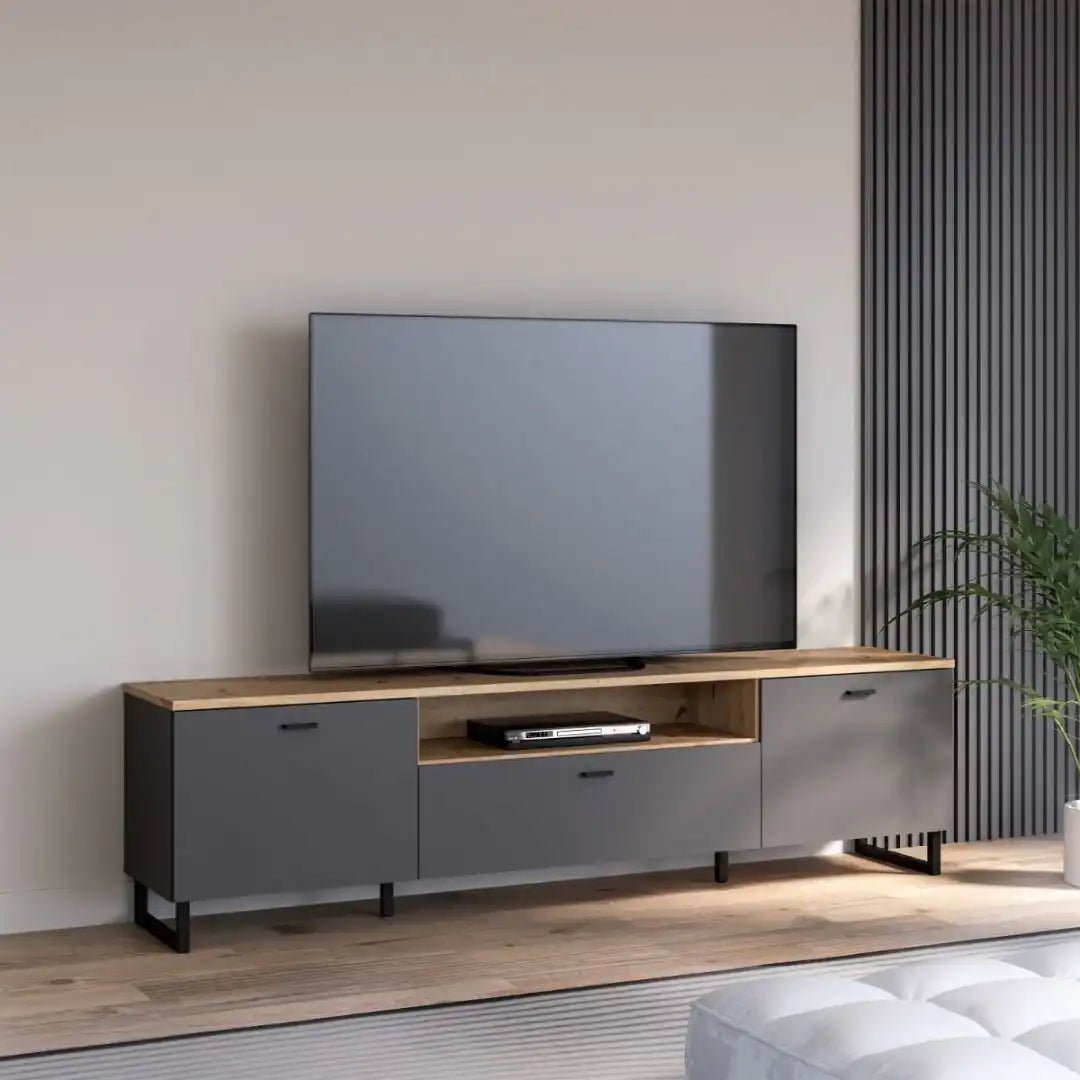 Klara TV Unit with 2 Drawers 1 Flip Door in Grey and Oak - Price Crash Furniture