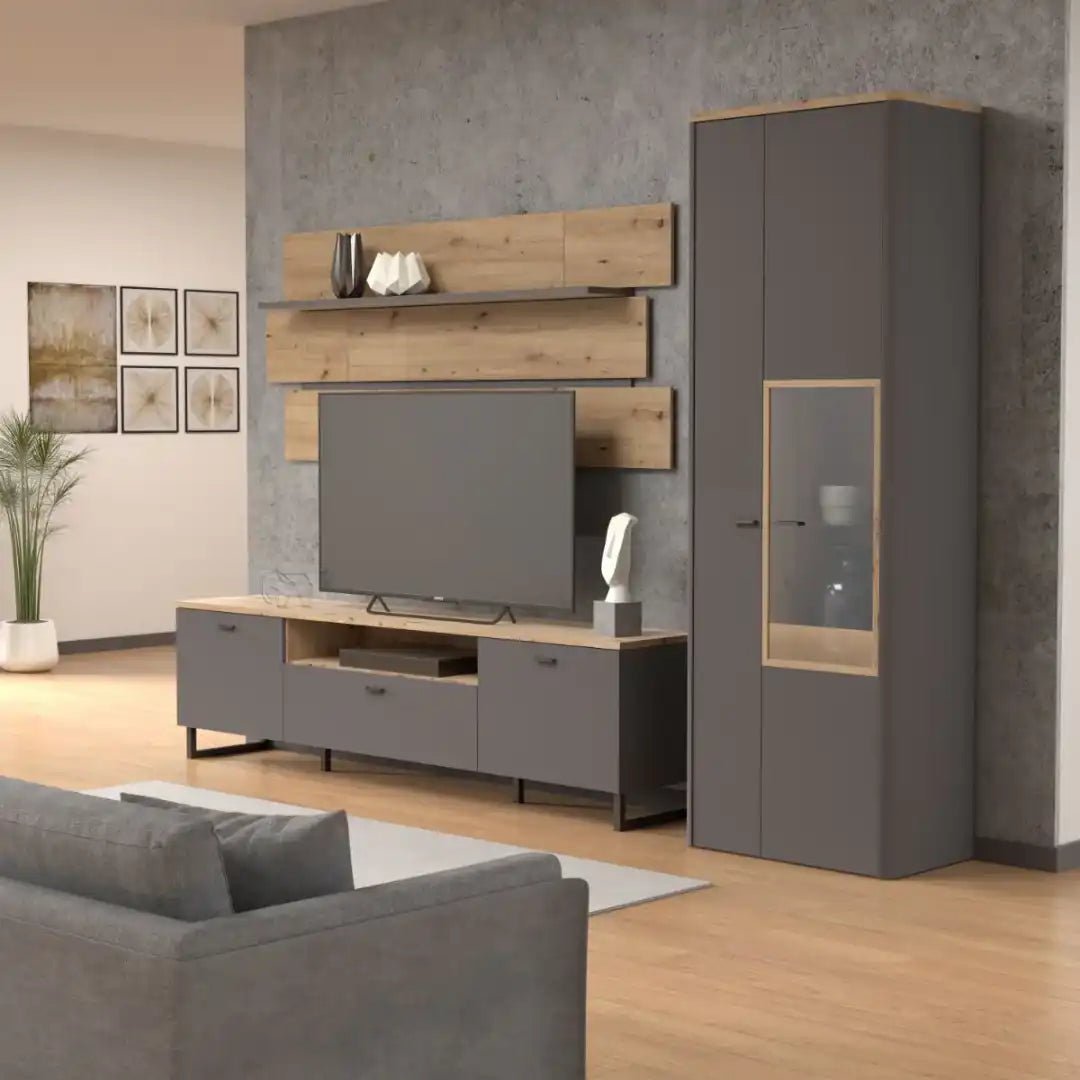 Klara TV Unit with 2 Drawers 1 Flip Door in Grey and Oak inc LED Lighting - Price Crash Furniture