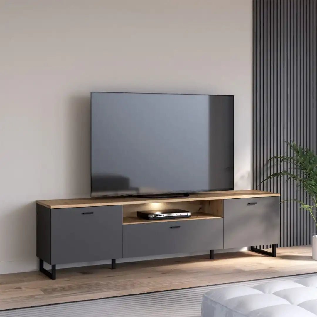 Klara TV Unit with 2 Drawers 1 Flip Door in Grey and Oak inc LED Lighting - Price Crash Furniture