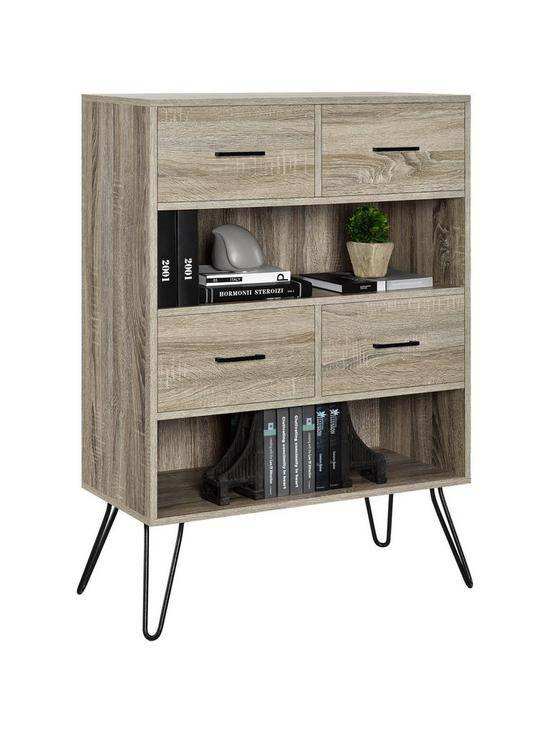 Landon 4 Drawer Storage Bookcase in Distressed Grey Oak Finish - Price Crash Furniture