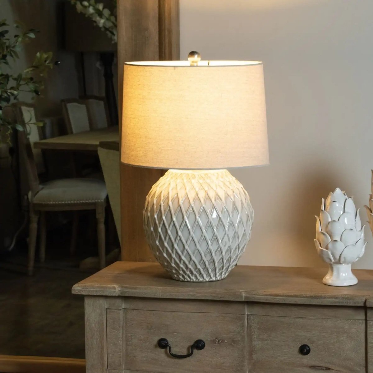 Lattice Ceramic Table Lamp With Linen Shade - Price Crash Furniture