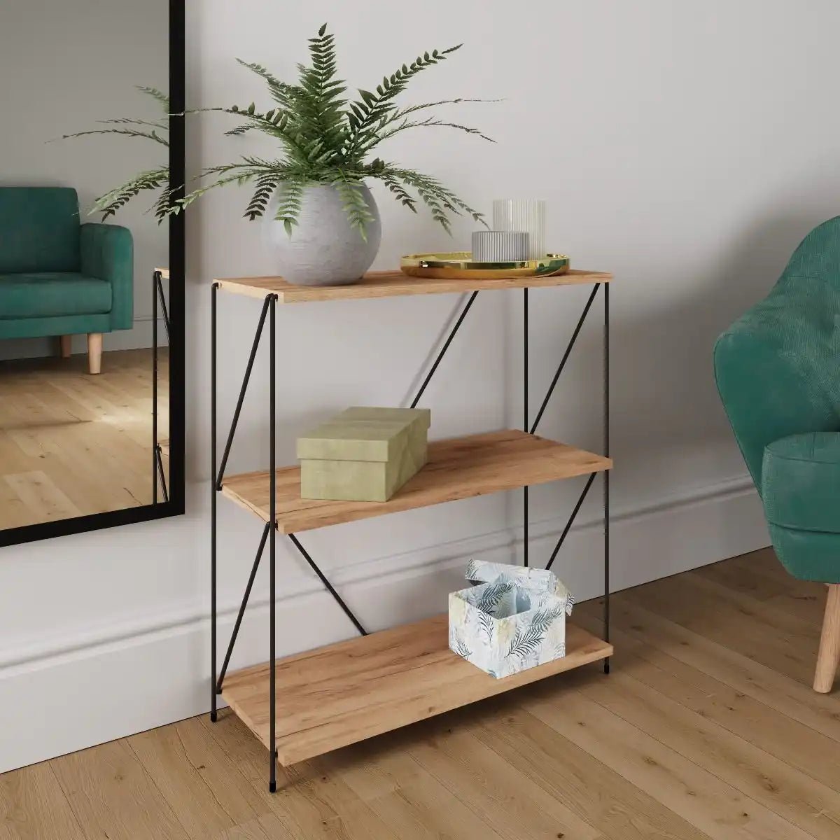 Leyo 3 Tier Black & Oak Bookcase Shelving Unit - Price Crash Furniture