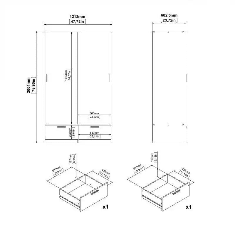 Line Wardrobe with 2 Doors + 2 Drawers In White And Jackson Hickory Oak - Price Crash Furniture