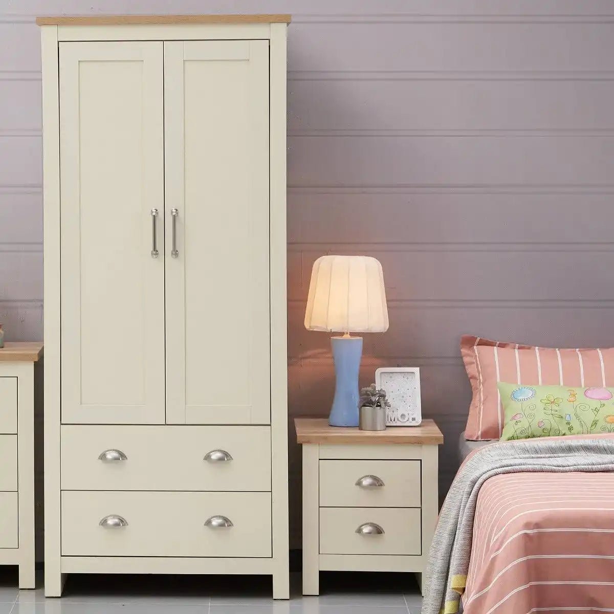 Lisbon 2 Piece Bedroom Set: 2 door wardrobe + 2 drawer bedside table - Price Crash Furniture