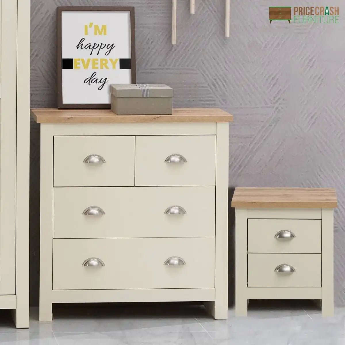 Lisbon 2 Piece Bedroom Set: 2 drawer bedside table+ 4 drawer chest of drawers - Price Crash Furniture