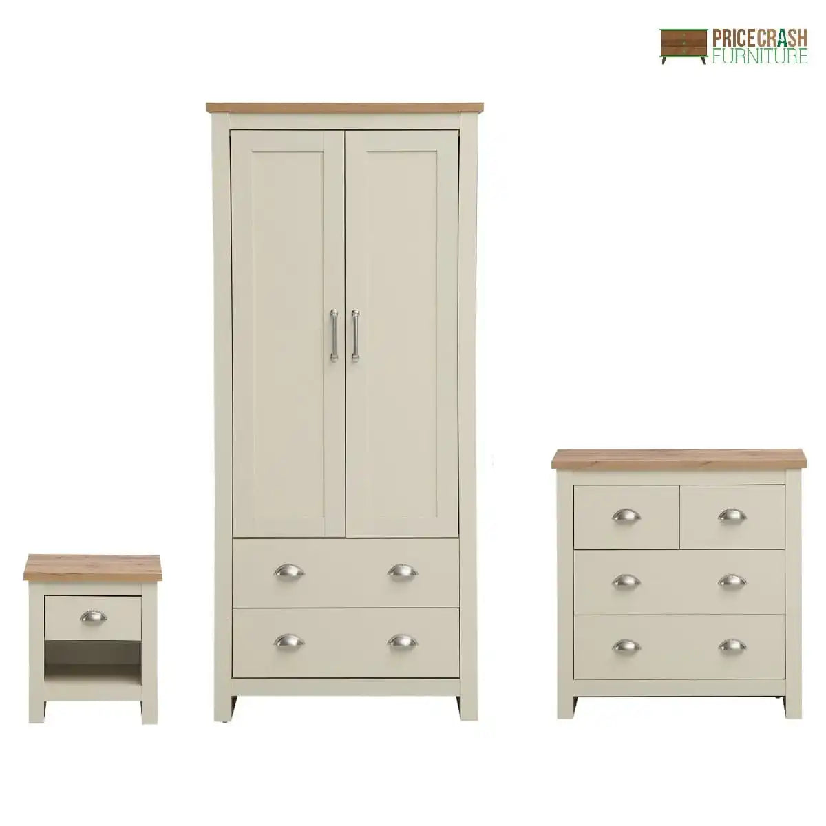 Lisbon 3 Piece Bedroom Set: 2 door wardrobe + 4 drawer chest of drawers + 1 drawer bedside table - Price Crash Furniture