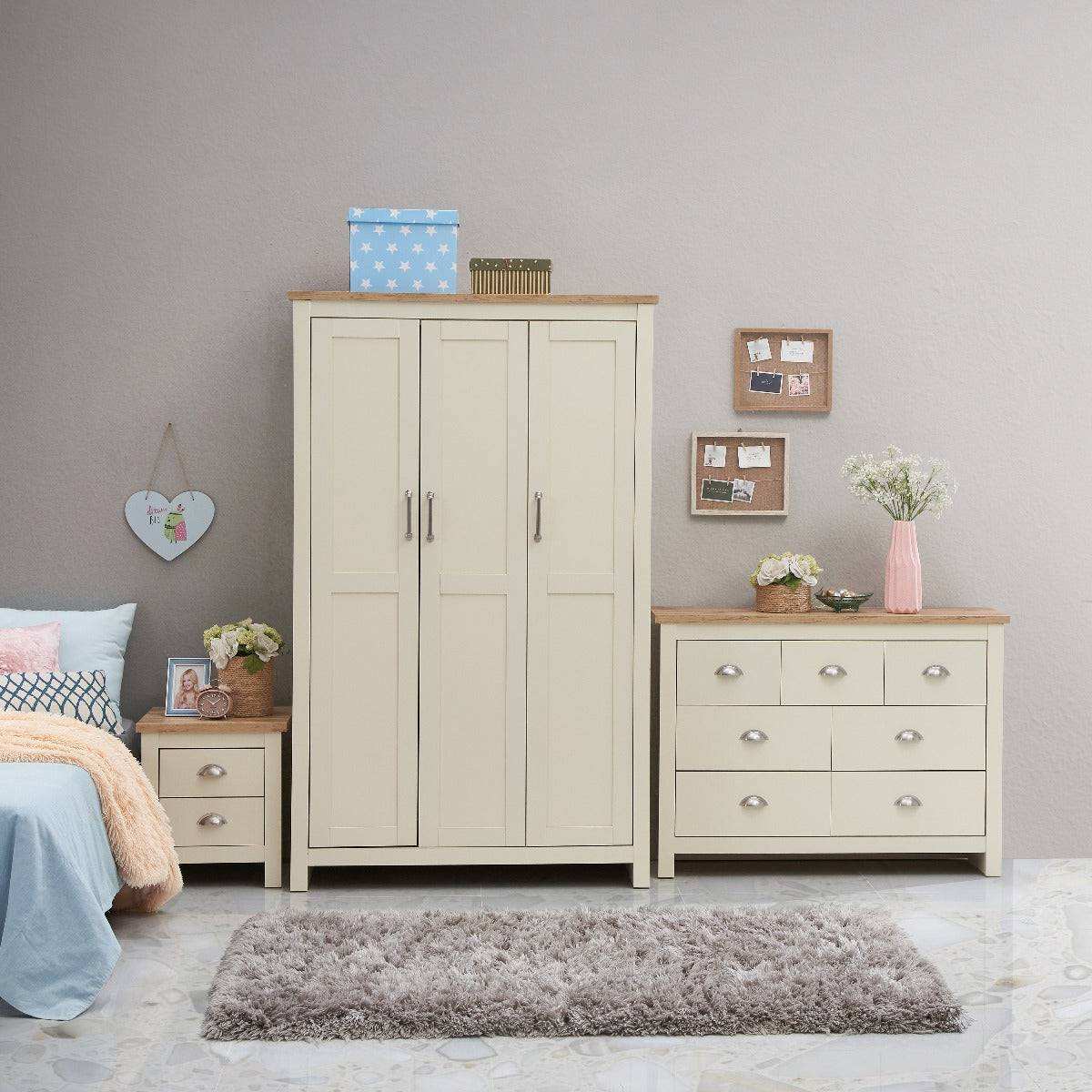 Lisbon 3 Piece Bedroom Set: 3 door wardrobe + 7 drawer chest + 2 drawer bedside - Price Crash Furniture