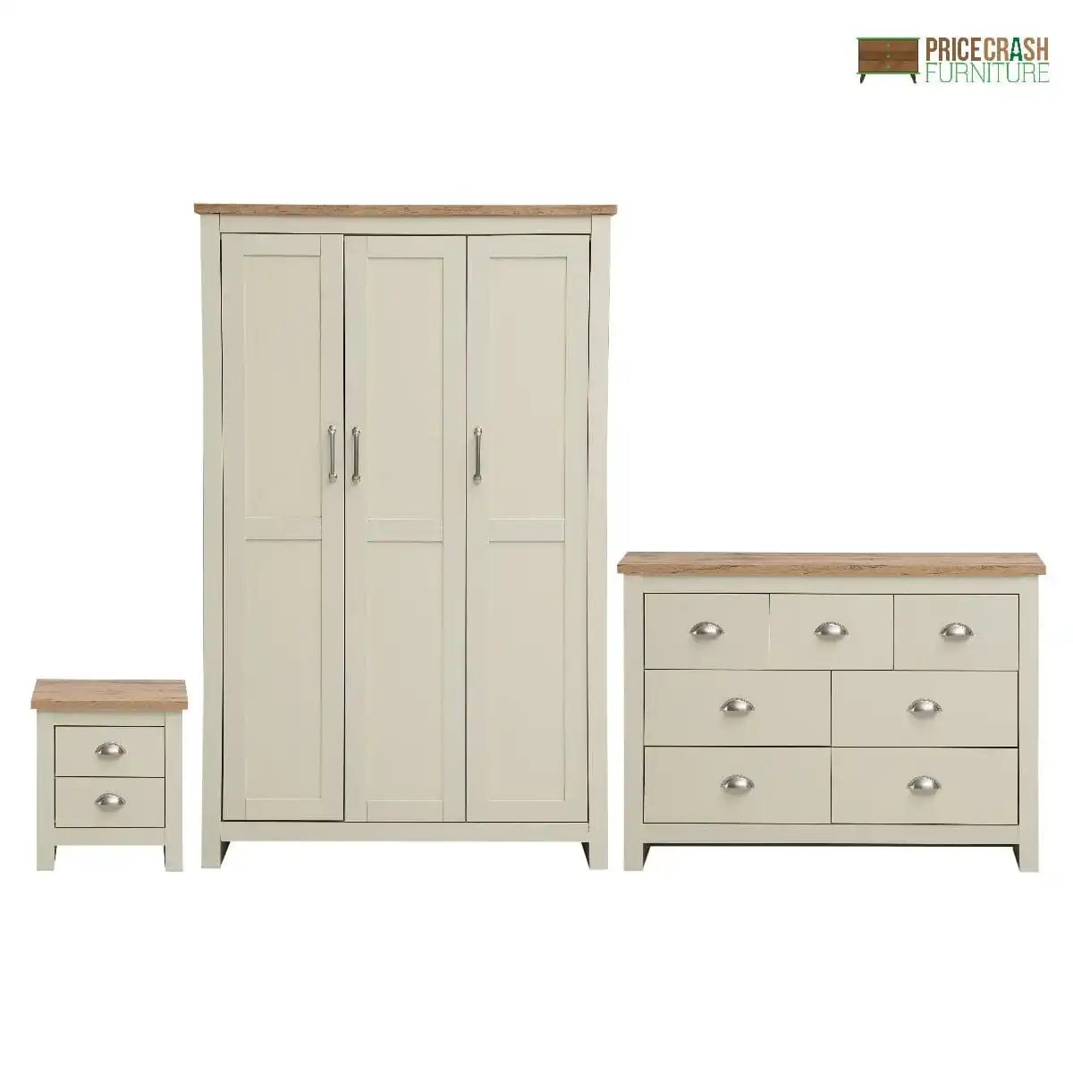 Lisbon 3 Piece Bedroom Set: 3 door wardrobe + 7 drawer chest + 2 drawer bedside - Price Crash Furniture