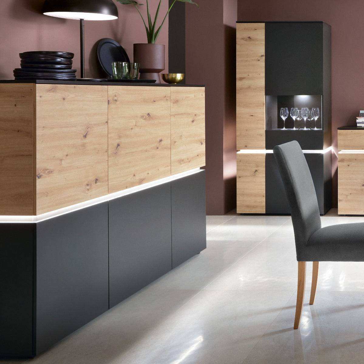 Luci 6 Door Tall Cabinet Sideboard (including LED lighting) in Platinum and Oak - Price Crash Furniture