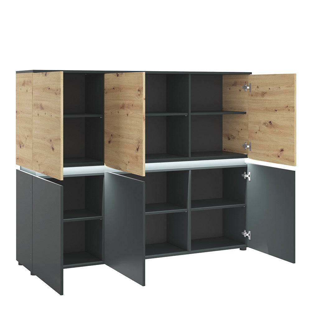 Luci 6 Door Tall Cabinet Sideboard (including LED lighting) in Platinum and Oak - Price Crash Furniture