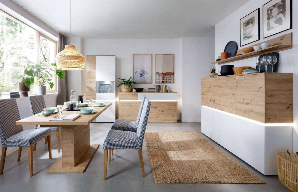 Luci 6 Door Tall Cabinet Sideboard (including LED lighting) in White and Oak - Price Crash Furniture