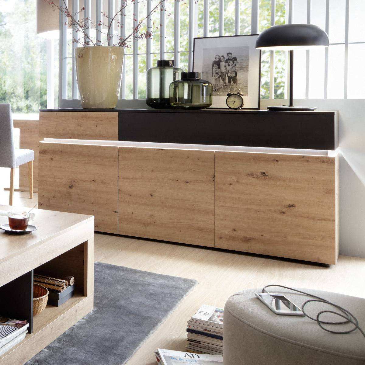 Luci Large 3 Door 2 Drawer Sideboard (including LED lighting) in Platinum and Oak - Price Crash Furniture