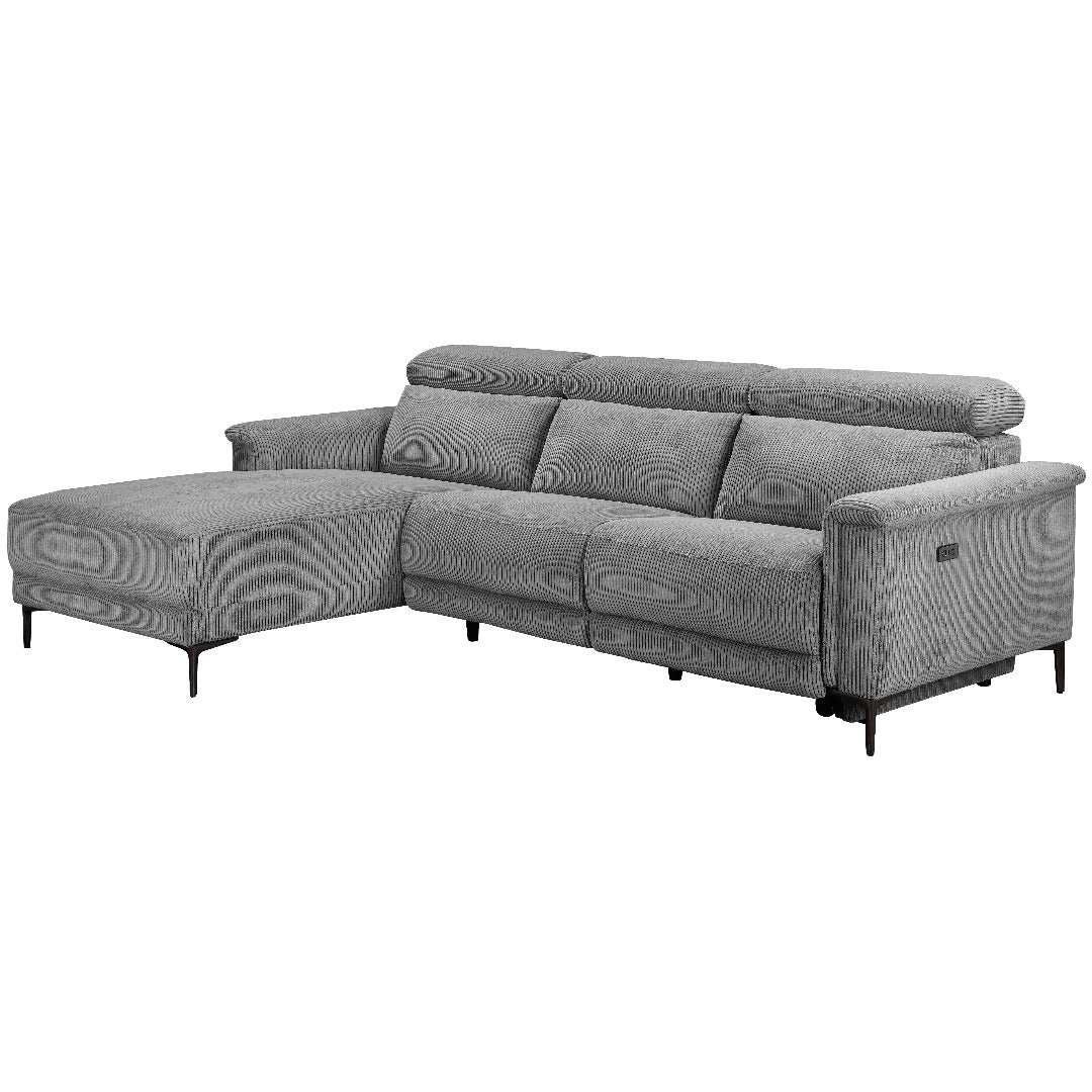 Lund 3PL 1Recl L Elek Grey Corduroy - Price Crash Furniture