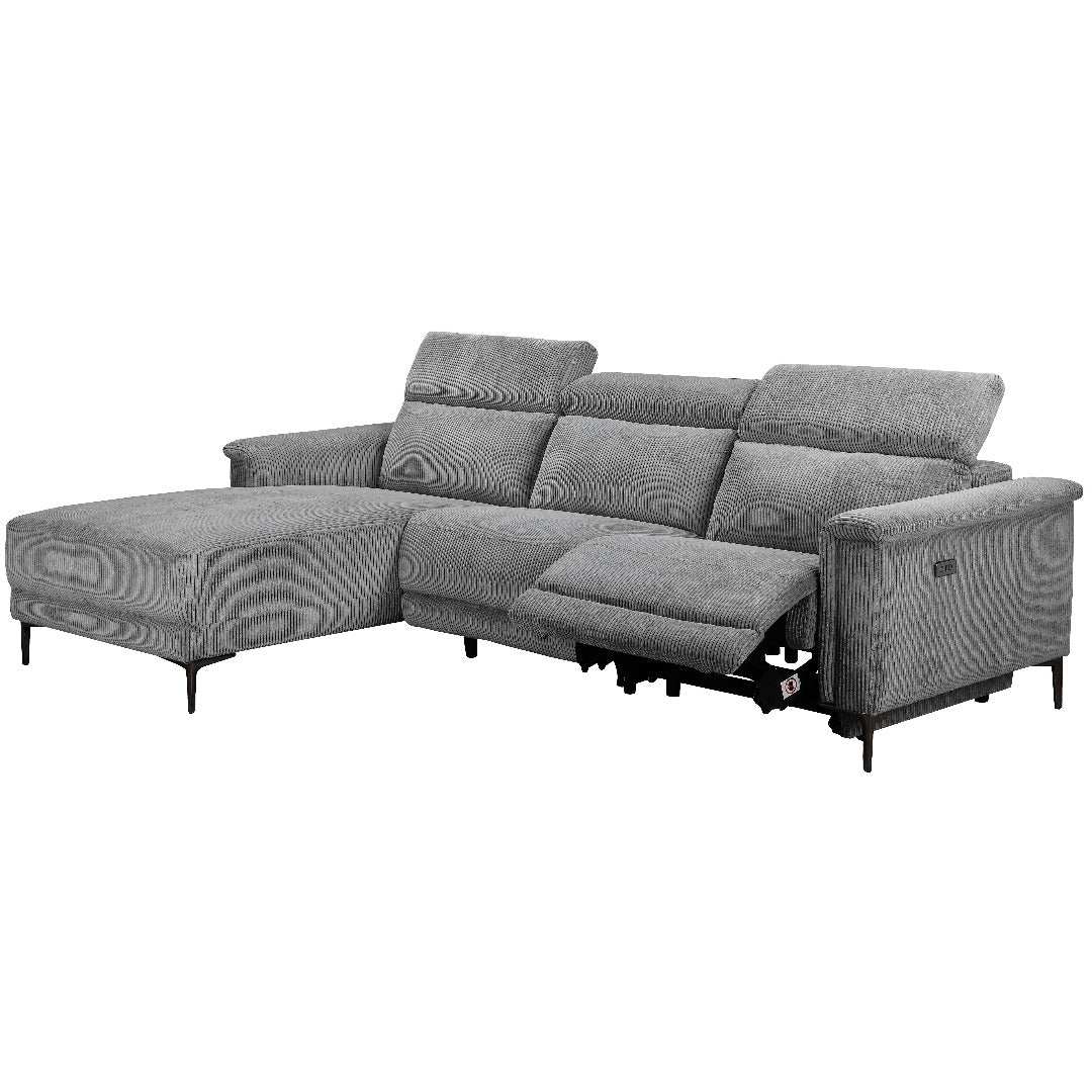 Lund 3PL 1Recl L Elek Grey Corduroy - Price Crash Furniture