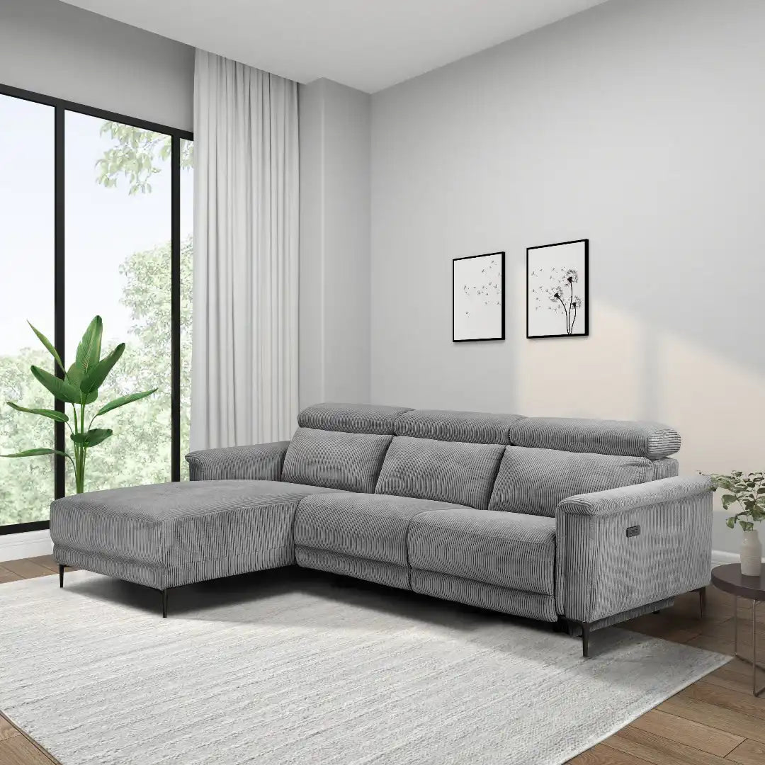 Lund 3PL 1Recl L Elek Grey Corduroy - Price Crash Furniture