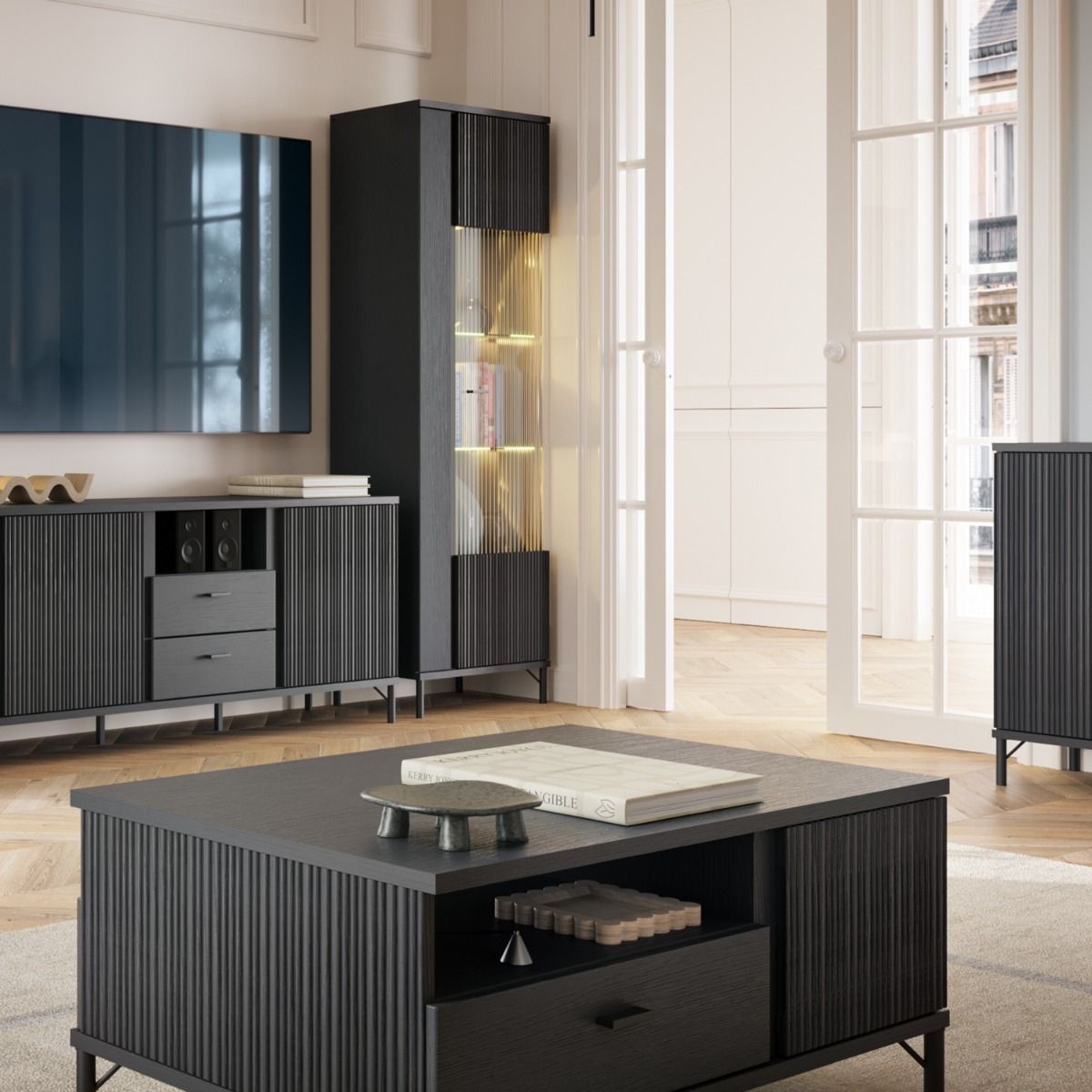 Lusaka TV Cabinet 2 Door 2 Drawer In Black Graphite - Price Crash Furniture