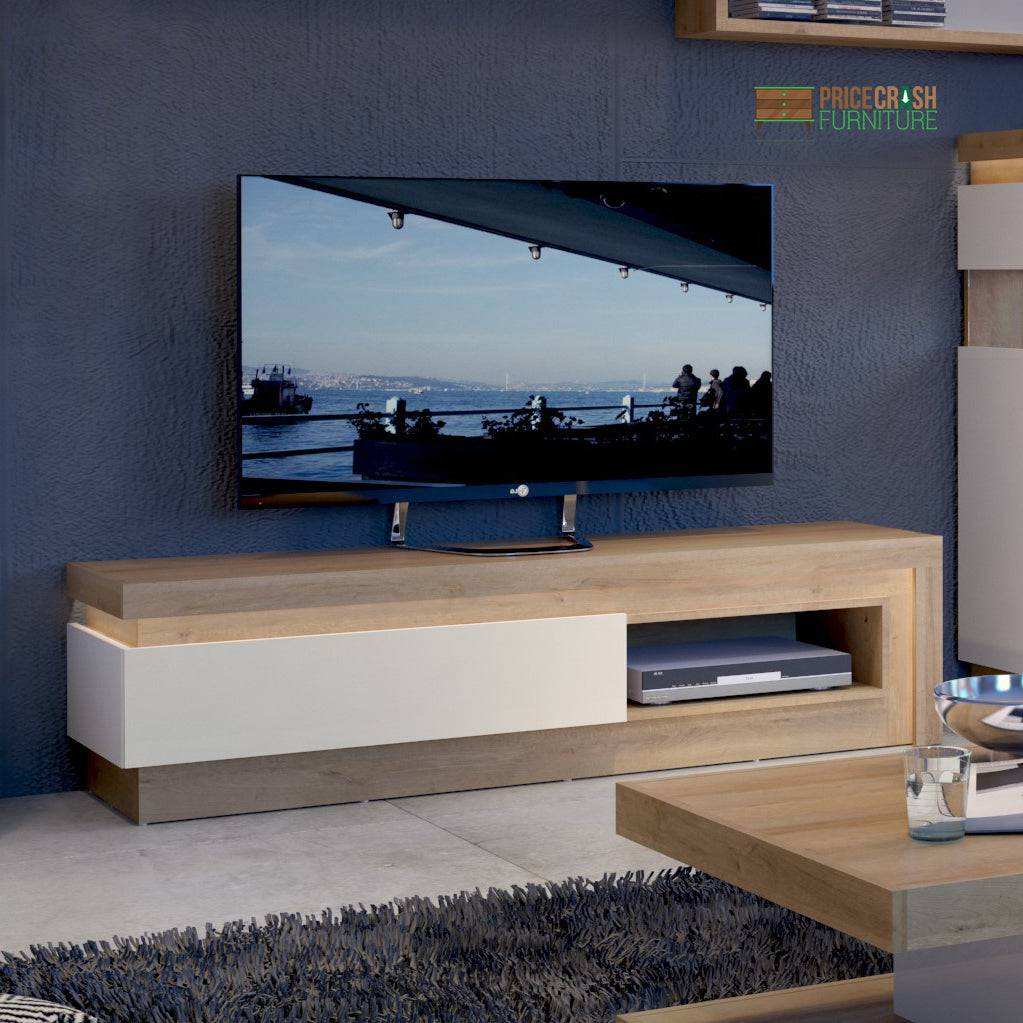 Lyon 1 Drawer TV Cabinet Open Shelf Riviera Oak White High Gloss