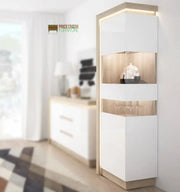 Lyon 198 cm Display Cabinet Narrow (RH) - LED Lighting - Riviera Oak/White High Gloss - Price Crash Furniture