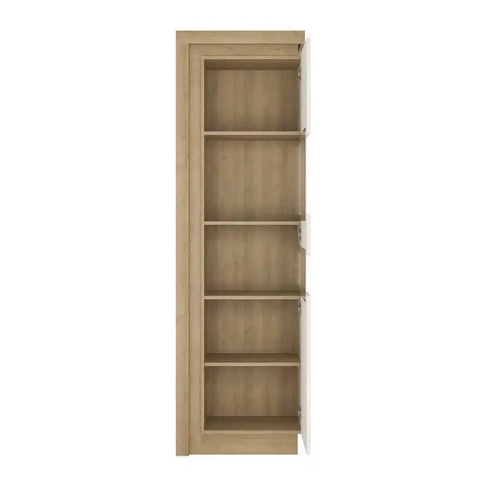 Lyon 198 cm Display Cabinet Narrow (RH) - LED Lighting - Riviera Oak/White High Gloss - Price Crash Furniture