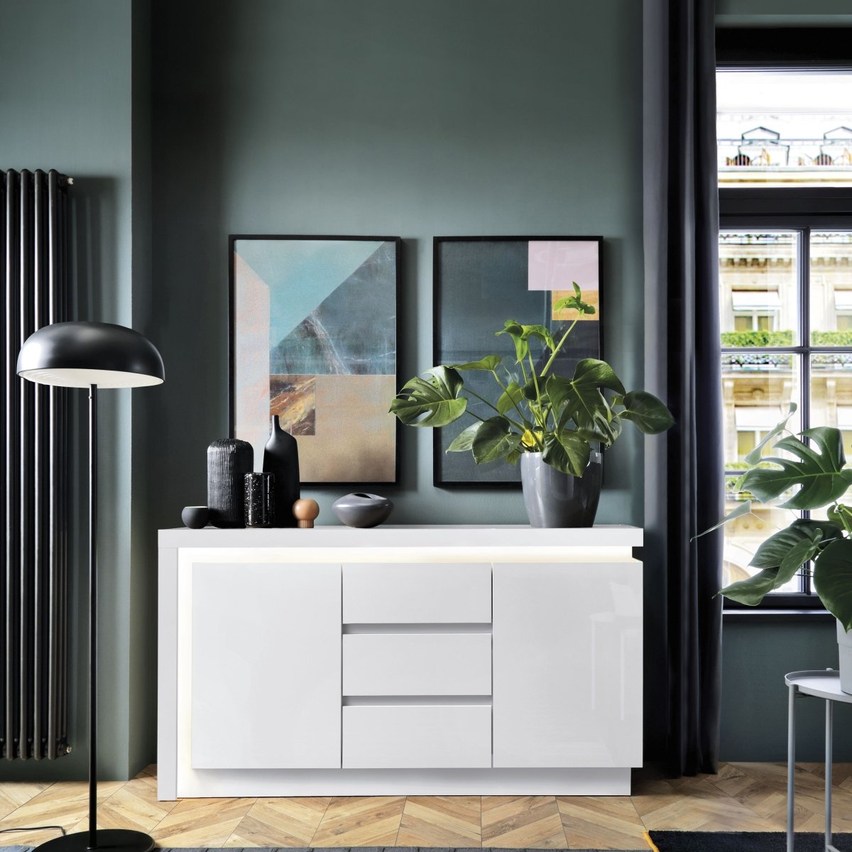 Lyon 2 Door 3 Drawer Sideboard (inc LED lighting) In White And High Gloss - Price Crash Furniture