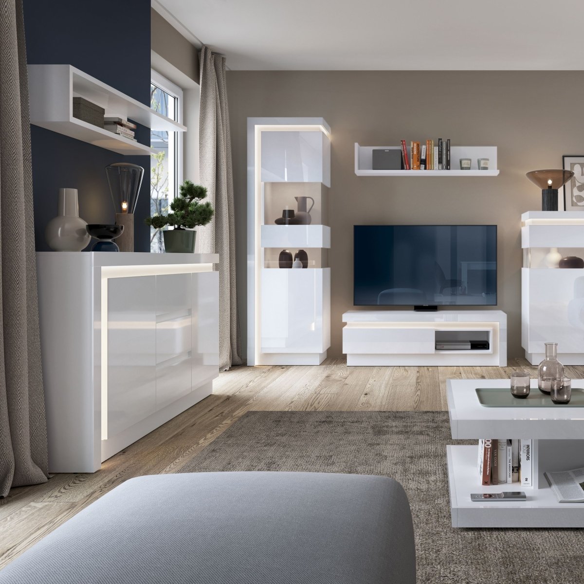 Lyon 2 Door 3 Drawer Sideboard (inc LED lighting) In White And High Gloss - Price Crash Furniture