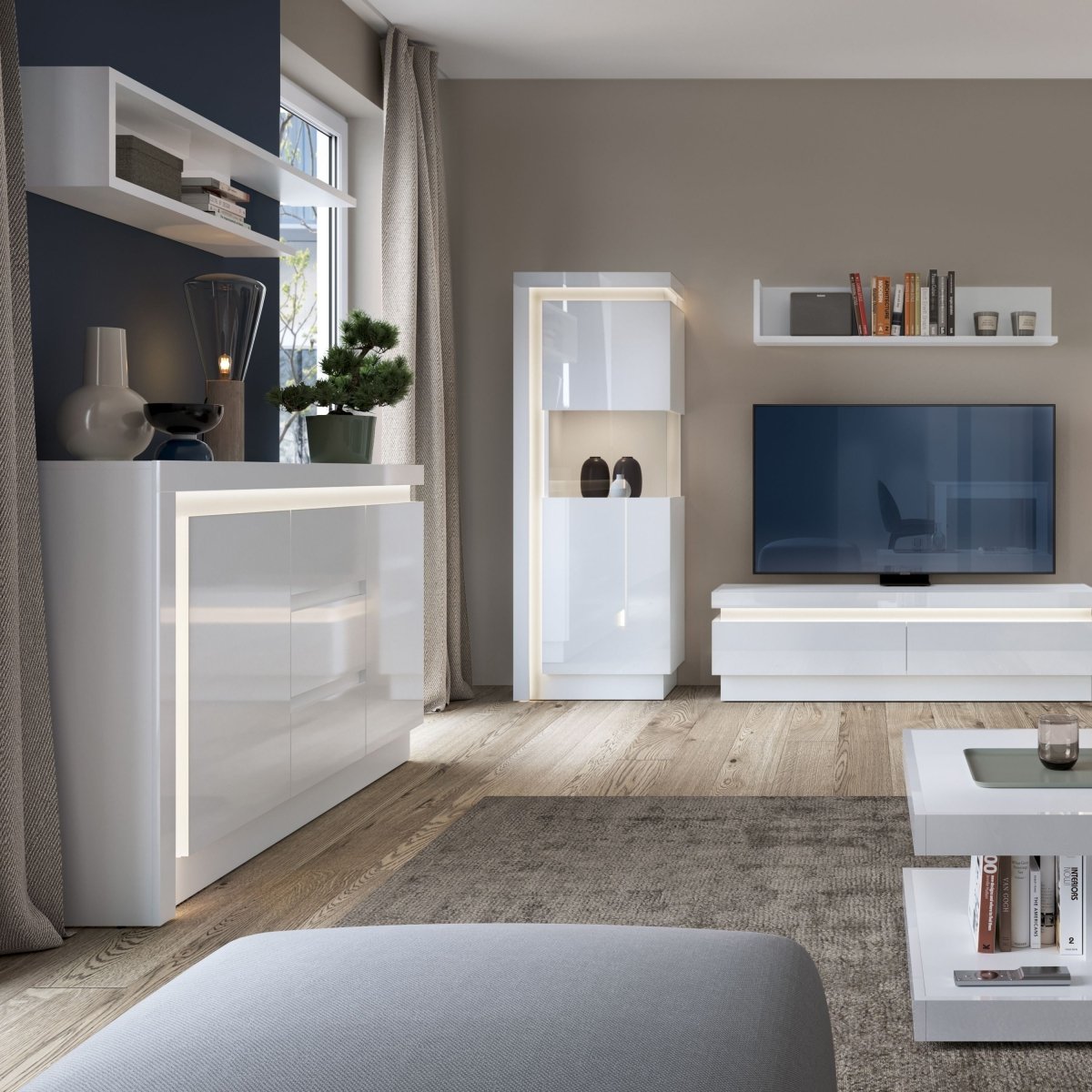 Lyon 2 Door 3 Drawer Sideboard (inc LED lighting) In White And High Gloss - Price Crash Furniture